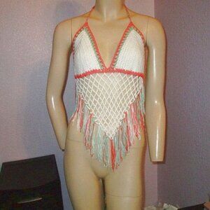 Sheer Crochet Knit Halter Top Open Back Fringe Fishnet Festival Boho 70s Retro